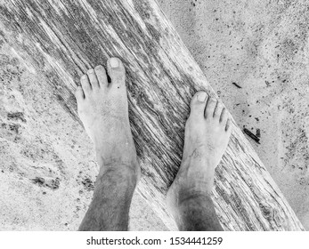 Closeup Black And White View Looking Down At A Mans Bare Feet And Toes Standing On A Piece Of Driftwood Plank Or Beam On A Sandy Beach.