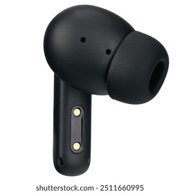 A close-up of a black wireless earbud showing the speaker and ear tip with a white background. - Powered by Shutterstock