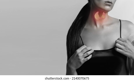 Close-up black-white woman with thyroid gland. The virtual thyroid gland is drawn on the neck in red. Medical ultrasound diagnosis of thyroid gland and health checkup concept
