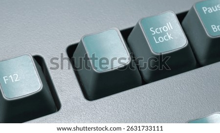 Closeup of a blank empty key switch on an old retro desktop PC computer keyboard, vintage style custom key next to scroll lock and function buttons, macro detail mockup keycap design use, no people