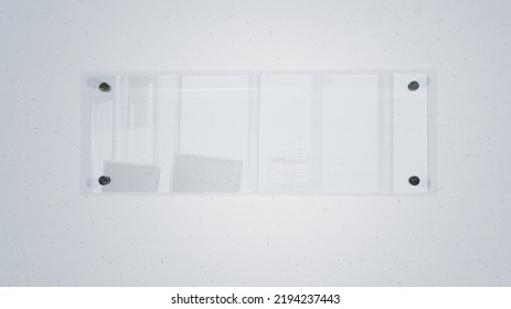 Close-up Of Blank Glass Nameplate Mounted On Clean White Wall, Copy Space. Unaltered, Shape, No People, Communication, Modern, Rectangle.