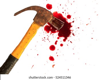 A Close-up Of A Bloody Hammer And Small Blood On White.