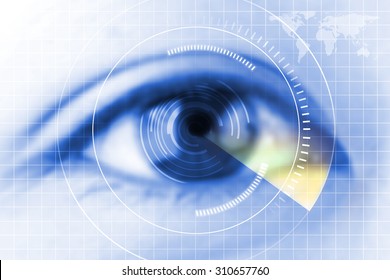 Close-up blue eye the future cataract protection , scan, contact lens.