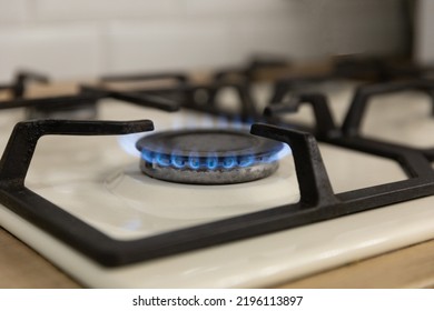 Close-up Of A Blue Flame Of Fire From A Home Cooking Stove. The Concept Of Industrial Resources And Economy. Gas Stove With A Burning Flame.Propane.Close-up.Copy Space.