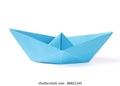 Closeup Of A Blue Paper Boat On White Background