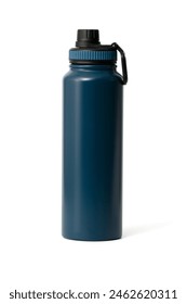 Close-up of blue reusable steel stainless eco thermo water bottle isolated on a white background with clipping path. Zero waste, Plastic disposable bottles. Environment concept.