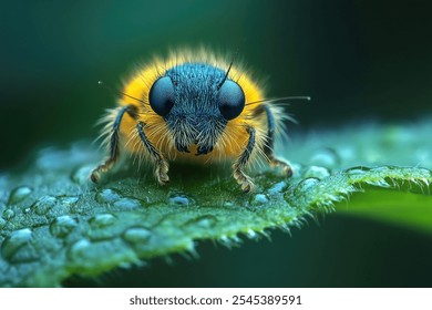 Close-up of a Blue and Yellow Beetle on a Dew-Covered Leaf - Powered by Shutterstock