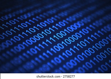 Close-Up of blue-light binary code on dark background with shallow DOF