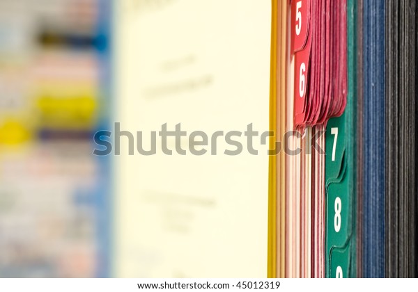 Closeup of book with colored
tabs