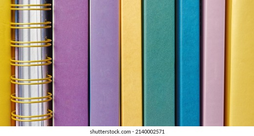 Close-up Of Book Spines. Empty Colorful Book Spines Background Texture.