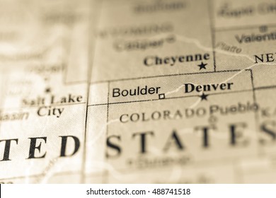 Closeup Of Boulder, Colorado On A Political Map Of USA.