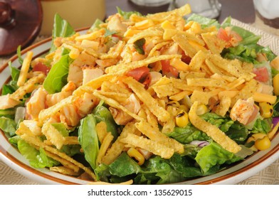 Closeup Of A Bowl Of Taco Salad With Chicken