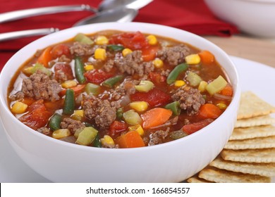 Closeup Of A Bowl Of Vegetable Beef Soup