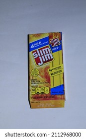 A Closeup Box Of Slim Jim Snacks That's Bright And Colorful With A White Background That Was In Hutchinson Kansas USA On 1-26-2022.