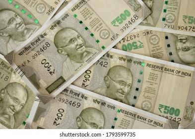 Closeup Of Brand New Colorful Indian Currency Bank Notes Of Rs 500  Rupees Bundle Issued And In Circulation After Demonetisation 