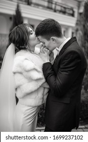 Close-up Bride and groom couple in love at wedding day, groom kisses the hands of the bride, happy affectionate newlyweds enjoying tender moment, newlyweds caressing each other. - Shutterstock ID 1699237102