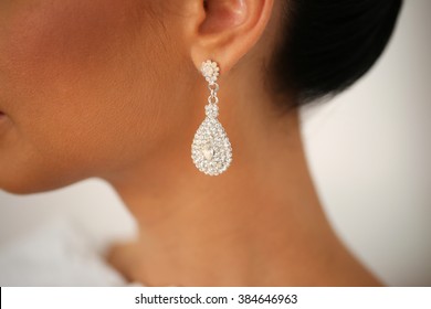 Closeup With Bride's Elegant Crystal Ear Rings