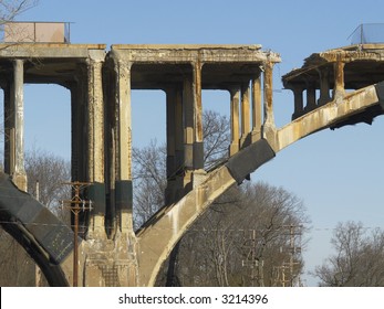 Close-up Of Bridge Slated For Demolition, Explosives Wrapped On Arch