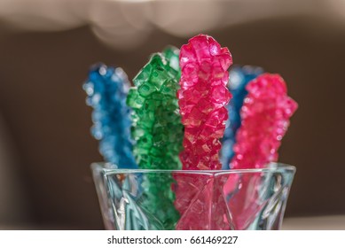 Closeup Of Bright Rainbow Colored Rock Candy Sticks