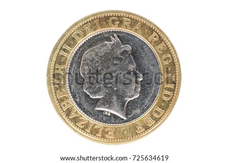Closeup of british 2 pounds coin isolated on white background with clipping path