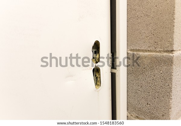 Closeup Broken Lock Door Frame Damaged Stock Photo Edit Now