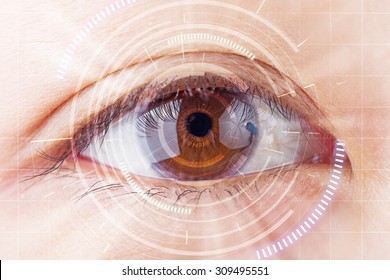 Close-up brown eye the future cataract protection , scan, contact lens.