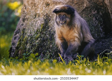 A close-up of a brown monkey sitting on the grass near a mossy rock in a natural outdoor setting. - Powered by Shutterstock