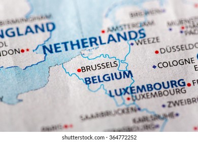 Closeup of Brussels, Belgium on a political map of Europe.