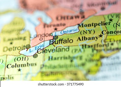 Closeup of Buffalo, New York on a political map of USA.