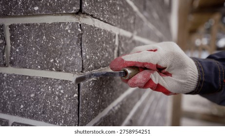 Close-up of a builder's gloved hand using a jointer to finish mortar on a dark grey brick wall. Angled view shows craftsmanship and detail on an exterior facade during construction.
