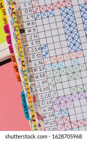 Close-up Of Bullet Journal-style Notebook Labels With Daily Task Follow-ups In Colored Grids. Habbit Tracker In Spanish. “La Escuela” (ENG The School)