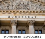 Close-up of the Bundesrat lettering on the facade of the federal council building in Berlin. Detail of the famous government building exterior. Democracy in Germany.