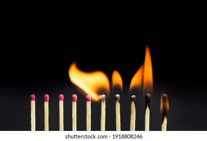 Close-up of burning matches igniting other matchsticks in a row against a black background. Chain reaction concept.