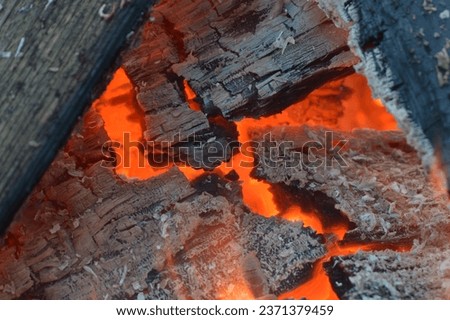 Closeup of burning wood and charcoals