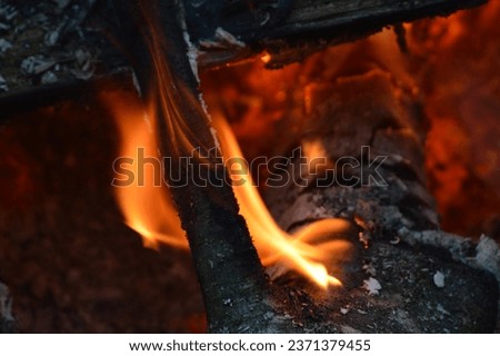 Closeup of burning wood with flames