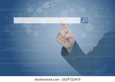 Close-up of a business person's finger touching a futuristic digital search bar on a virtual screen with binary code background.