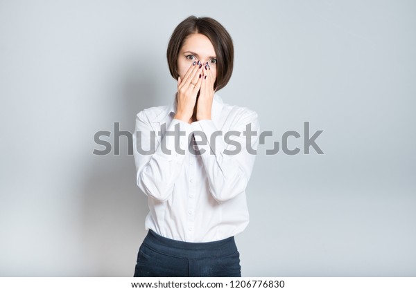 Closeup Business Woman Shocked Scared Closes Stock Photo Edit Now