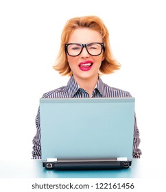 Close-up Business Woman Wink And Wearing Eyeglasses, Isolated On White