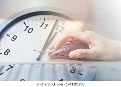 Closeup Business Woman Working with Laptop computer overlay with Afternoon Break Lunch Times Clock for Office Working Hours Concept - Powered by Shutterstock