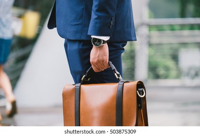 Closeup Businessman Holding Leather Briefcase Going Stock Photo (Edit ...