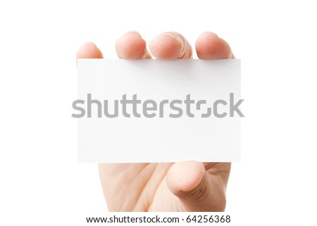 Closeup of businessman's hand holding blank paper business card for your message (copy space), isolated on white background