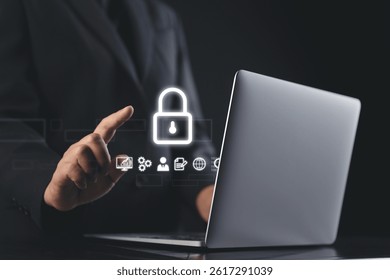 close-up of a businessman's hand using holographic digital screen to access sensitive data icons including secure login and password protection in a high tech office environment