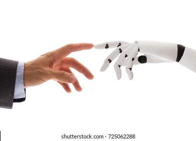 Close-up Of Businessperson Finger Touching Robotic Finger Over White Background