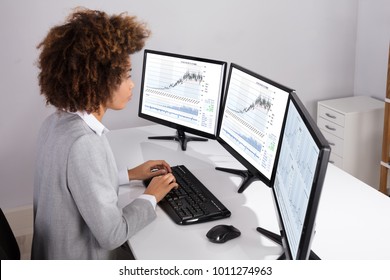 Close-up Of Businesswoman Analyzing Stock Market Status On Multiple Computers On Desk - Powered by Shutterstock