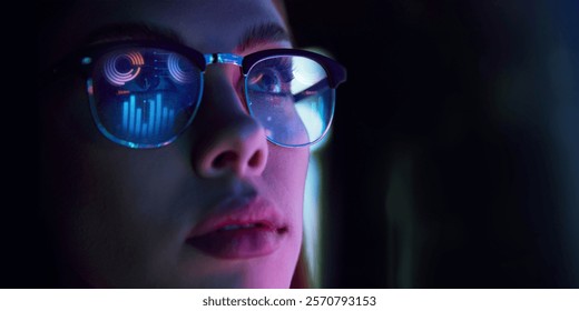 Close-up of businesswoman in glasses reflecting digital graphs, symbolizing data analysis, e-commerce analytics, strategy. Concept of business, modern technologies, finance, investment, digital market - Powered by Shutterstock - Get 15% off with code: PIKWIZARD15