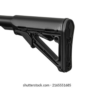 Close-up of the butt of an automatic carbine. Modern automatic rifle isolated on white background. Weapons for police, special forces and the army. Assault rifle on white back.