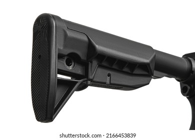 Close-up of the butt of an automatic carbine. Modern automatic rifle isolated on white background. Weapons for police, special forces and the army. Assault rifle on white back.