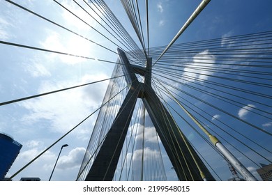 Closeup of cable stayed bridge, view from below. Marginal Pinheiros, Sao Paulo city, Brazil
