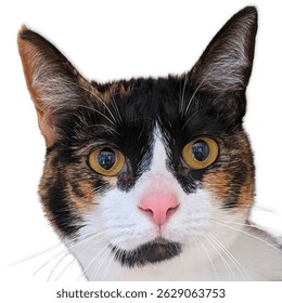 Close-up of a calico cat with bright amber eyes and pink nose against a white background, perfect for pet product marketing or feline features