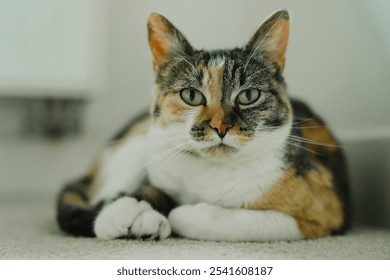 Close-up of a calico cat with green eyes lying on a soft surface, looking directly at the camera.  - Powered by Shutterstock